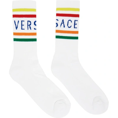 Shop Versace White Logo Socks In A4959 White