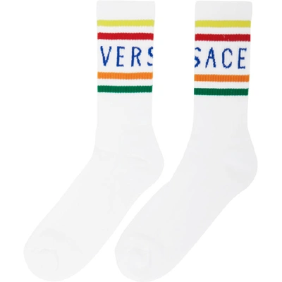 Shop Versace White Logo Socks In A4959 White