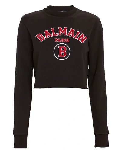 Shop Balmain Cropped Collegiate Logo Sweatshirt In Black