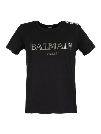 Shop Balmain Logo Print Buttoned T-shirt In Black