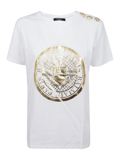 Shop Balmain Gold-tone Medallion Print T-shirt In White