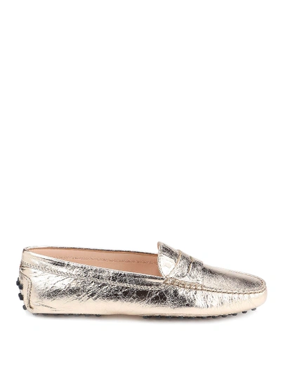Shop Tod's Crackled Leather Loafers In Gold