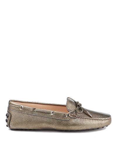 Shop Tod's Hammered Leather Driver Loafers In Gold