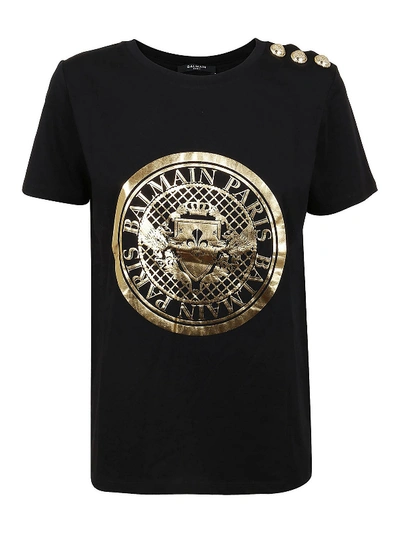 Shop Balmain Gold-tone Medallion Print T-shirt In Black