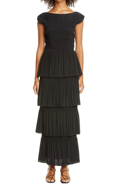 Shop Totême Aramon Pleated Tiered Maxi Dress In Black