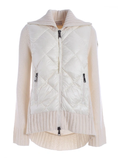 Shop Moncler Knitted Cardigan Featuring Down Jacket In Cream