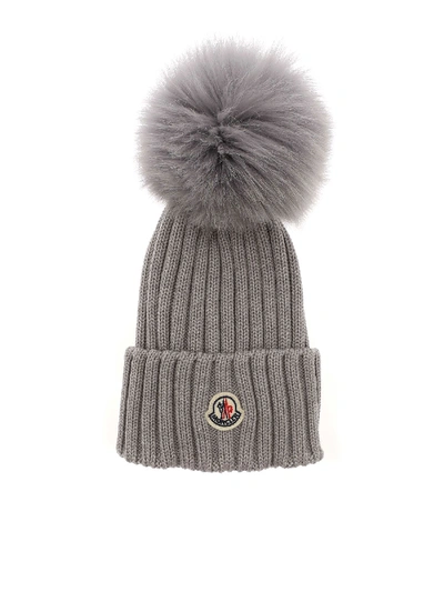 Shop Moncler Ribbed Beanie In Grey