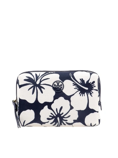 Shop Tory Burch Perry Cosmetic Case In Blue And White