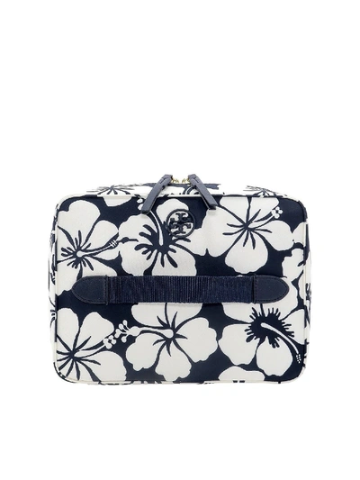 Shop Tory Burch Floral Print Combinable Beauty Case In Blue And White