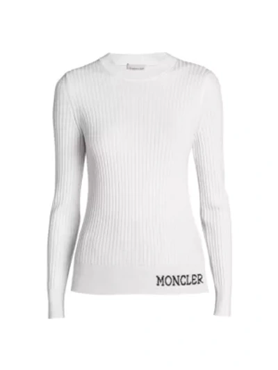 Shop Moncler Ribbed Logo Crewneck Sweater In White