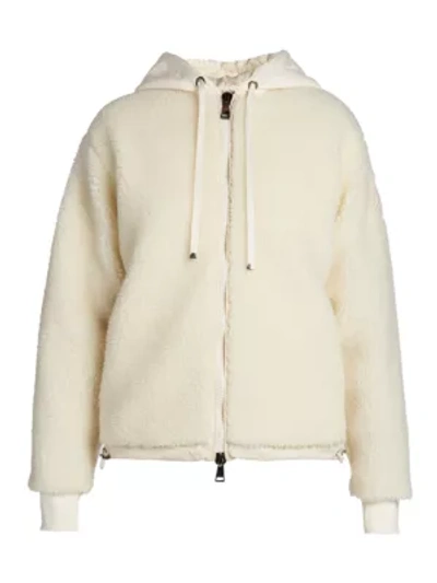 Shop Moncler Fleece Front Hooded Zip Sweater In White