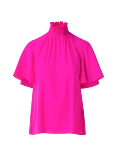 Shop Akris Punto Silk Ruffleneck Blouse In Neon Pink