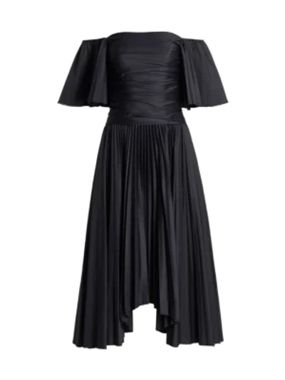 Shop Amur Rinna Off-the-shoulder Pleated Midi Dress In Black