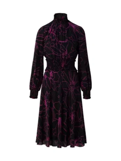 Shop Akris Punto Sashiko Flower Silk Turtleneck Dress In Black Neon Pink