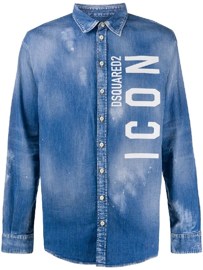 Shop Dsquared2 Icon-print Splatter-print Denim Shirt In Blue