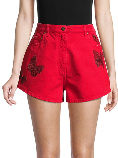 Shop Valentino Butterfly Embellished Denim Shorts In Red