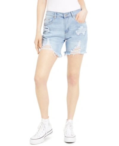 Shop Almost Famous Juniors' Ripped Raw-hem Denim Bermuda Shorts In Light Wash