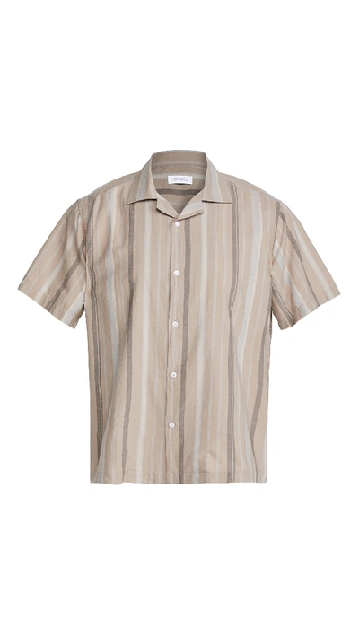 Shop Saturdays Surf Nyc Canty Bay Striped Short Sleeve Shirt In British Khaki
