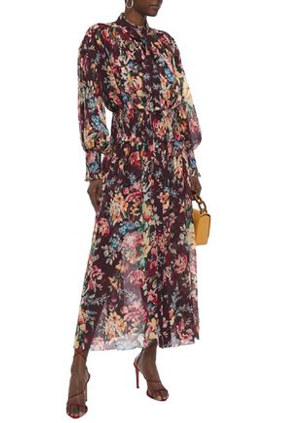 Shop Zimmermann Pussy-bow Floral-print Cotton And Silk-blend Georgette Maxi Dress In Burgundy