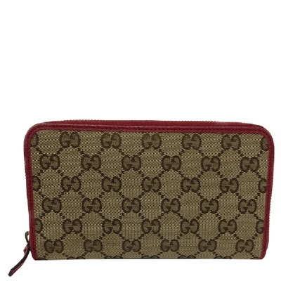 Pre-owned Gucci Ssima Canvas Zip Around Wallet In Beige