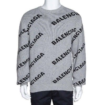 Pre-owned Balenciaga Grey Wool Blend Allover Logo Crew Neck Sweater M