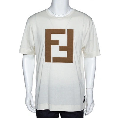 Pre-owned Fendi Off White Cotton Knit Appliqu&eacute;d Logo Crew Neck T-shirt M In Cream