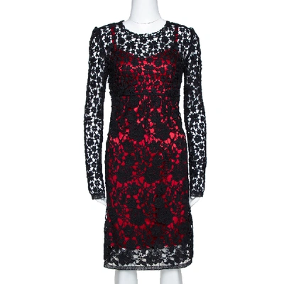 Pre-owned Dolce & Gabbana Black Embroidered Lace Contrast Lined Long Sleeve Dress S