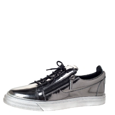 Pre-owned Giuseppe Zanotti Metallic Gunmetal Leather May London Double Chain Low Top Sneakers Size 46