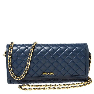 Pre-owned Prada Blue Quilted Leather Wallet On Chain