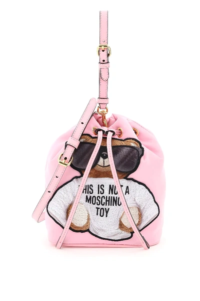 Shop Moschino Teddy Bear Mini Bucket Bag In Pink,black