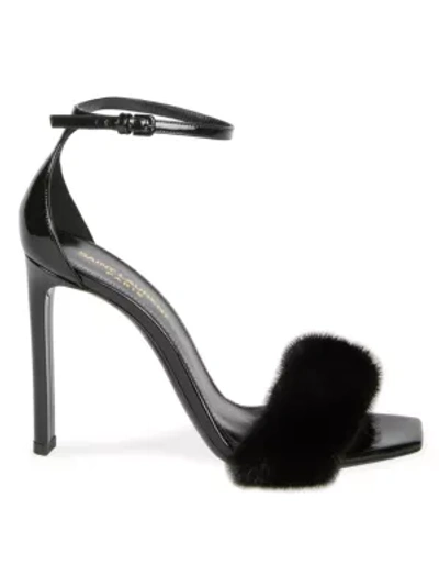 Shop Saint Laurent Women's Mink-trimmed Patent Leather Sandals In Black