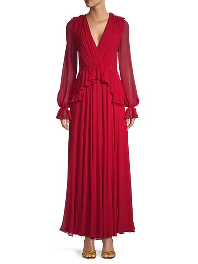 Shop Giambattista Valli Silk Puff-sleeve Maxi Dress In Red
