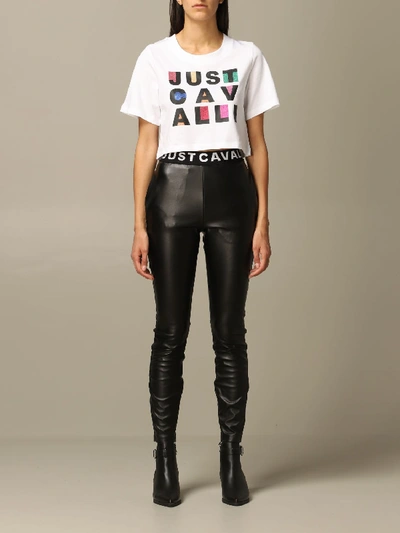 Shop Just Cavalli Cropped T-shirt With Lurex Logo In White