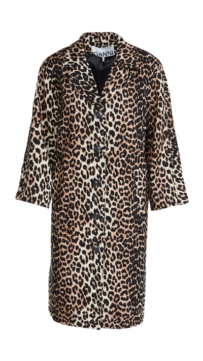 Shop Ganni Linen Canvas Coat In Leopard