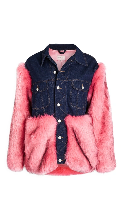 Shop Natasha Zinko Faux Fur & Denim Jacket In Denim/pink