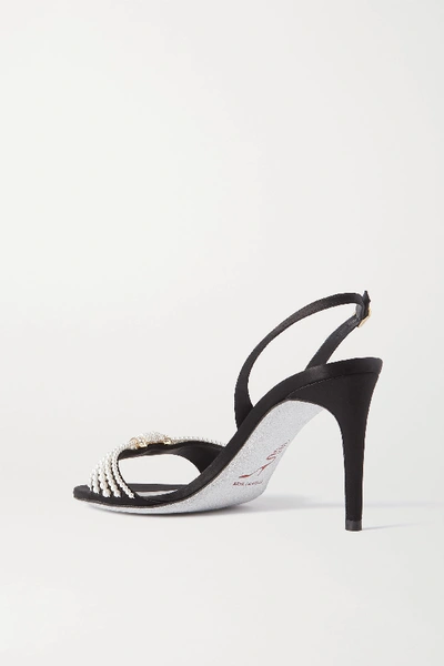 Shop René Caovilla Faux Pearl And Crystal-embellished Satin Slingback Sandals In Black