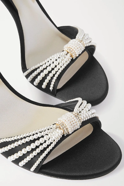 Shop René Caovilla Faux Pearl And Crystal-embellished Satin Slingback Sandals In Black