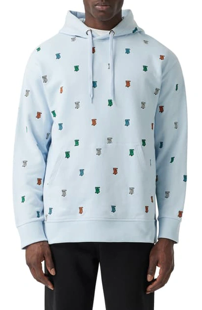 Shop Burberry Krepston Embroidered Monogram Hoodie In Pale Blue