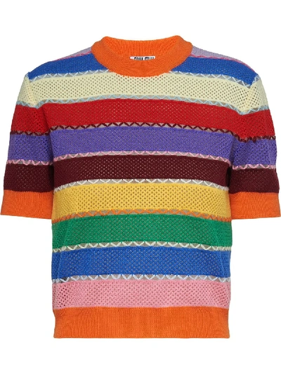 Shop Miu Miu Striped Short-sleeve Knitted Top In Orange