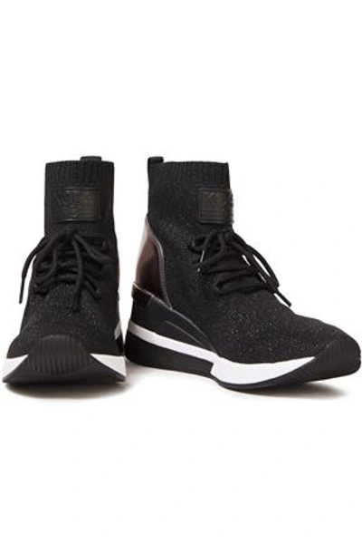 Shop Michael Michael Kors Paneled Metallic Stretch-knit Sneakers In Black