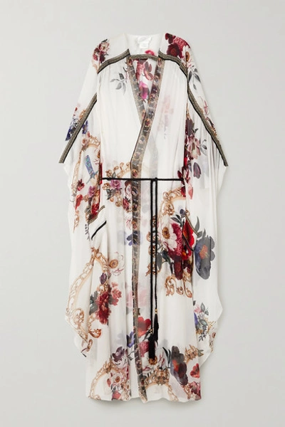 Shop Camilla Belted Crystal-embellished Printed Silk-crepon Kaftan In White