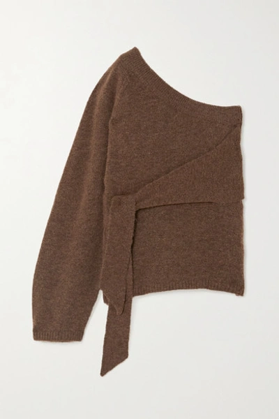 Shop Nanushka Cleto Cropped One-sleeve Tie-detailed Stretch-knit Sweater In Brown