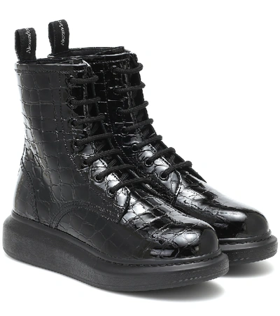 Shop Alexander Mcqueen Croc-effect Leather Ankle Boots In Black