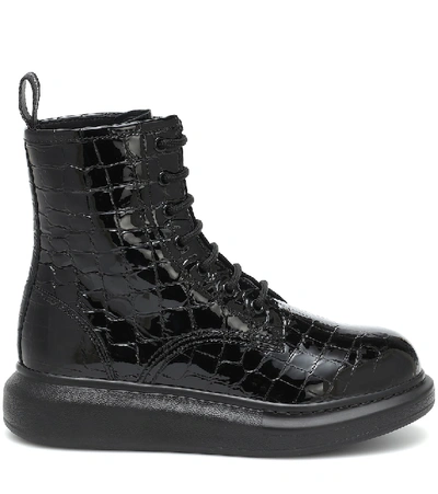 Shop Alexander Mcqueen Croc-effect Leather Ankle Boots In Black