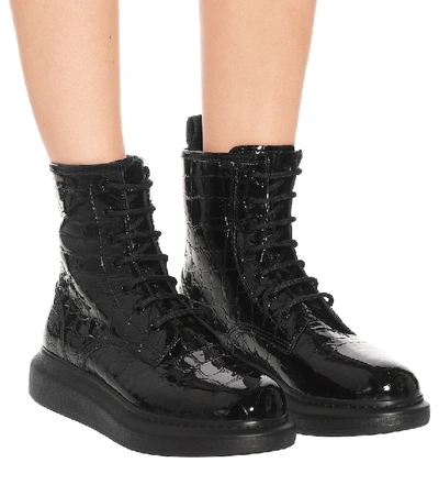 Shop Alexander Mcqueen Croc-effect Leather Ankle Boots In Black