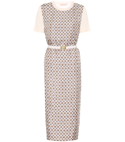 Shop Tory Burch Silk Twill And Merino Wool Midi Dress In Beige