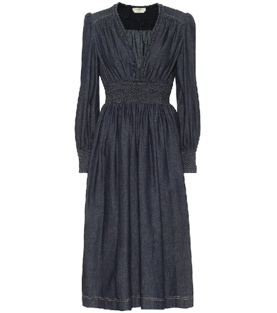 Shop Fendi Cotton-chambray Midi Dress In Blue