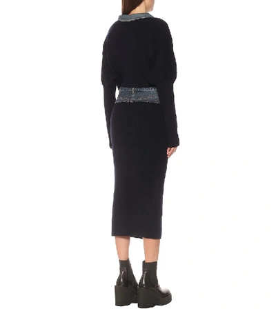 Shop Sacai Denim And Wool Midi Skirt In Blue