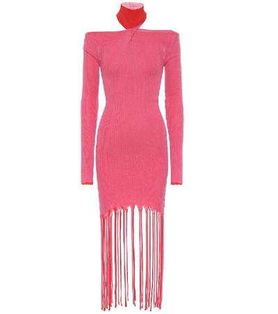 Shop Bottega Veneta Cotton And Silk Fringe Midi Dress In Pink