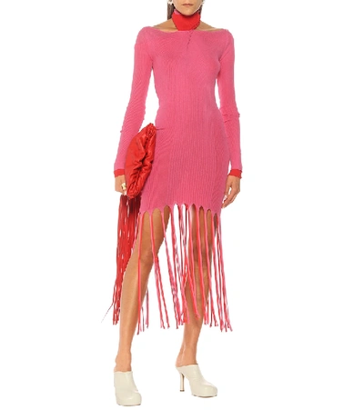 Shop Bottega Veneta Cotton And Silk Fringe Midi Dress In Pink